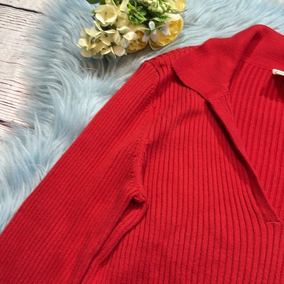 Anthropologie Maeve Bell Sleeve Red Polo Ribbed Crop Length Sweater sz S - Picture 5 of 13